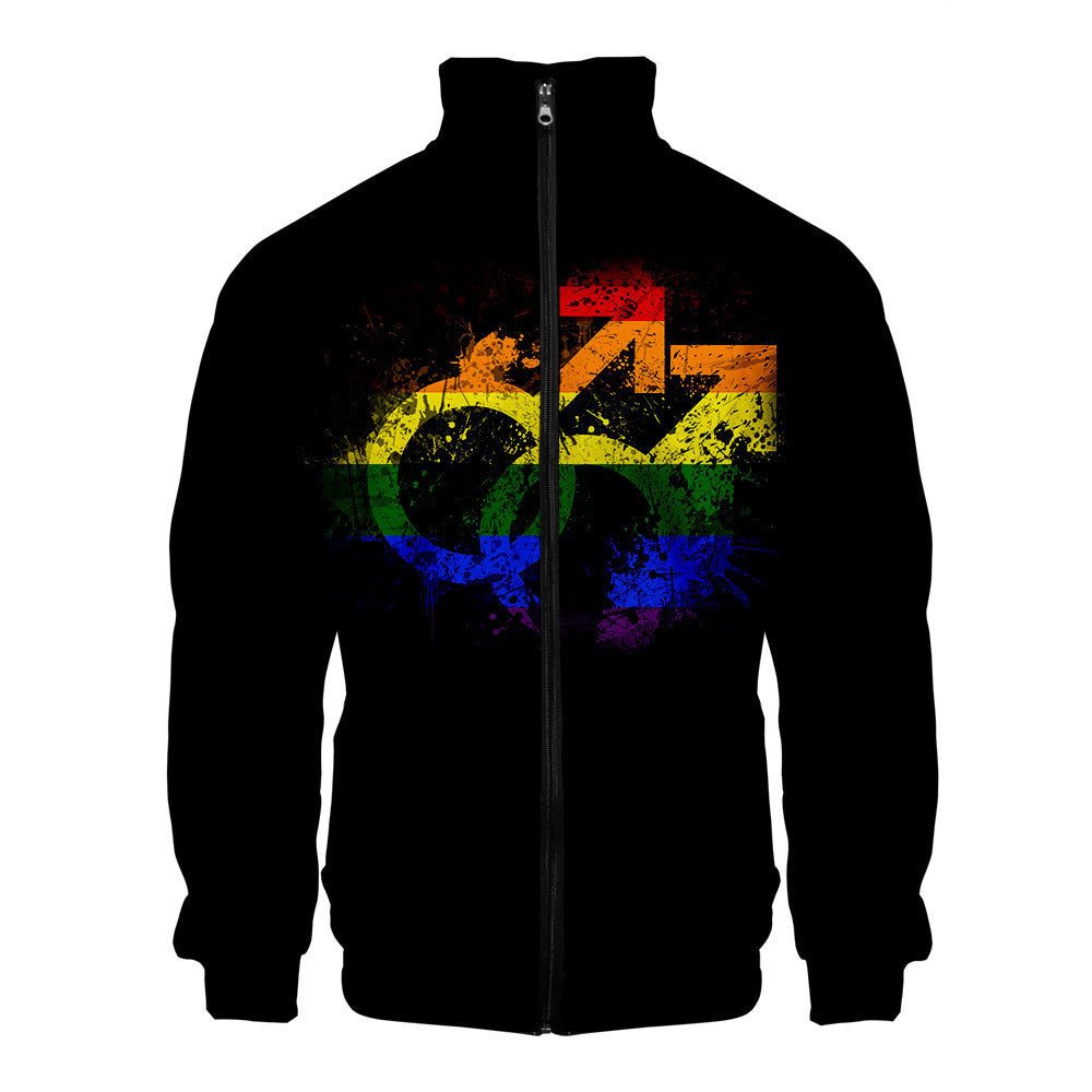 Pride casual 3D digital stand collar zip hoodie man