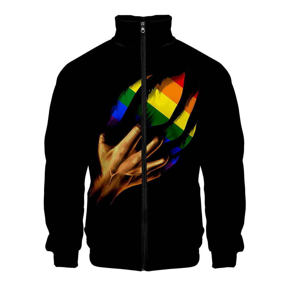 Pride casual 3D digital stand collar zip hoodie man