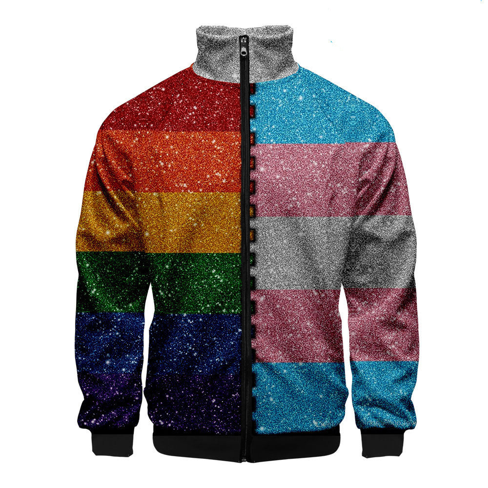 Pride casual 3D digital stand collar zip hoodie man